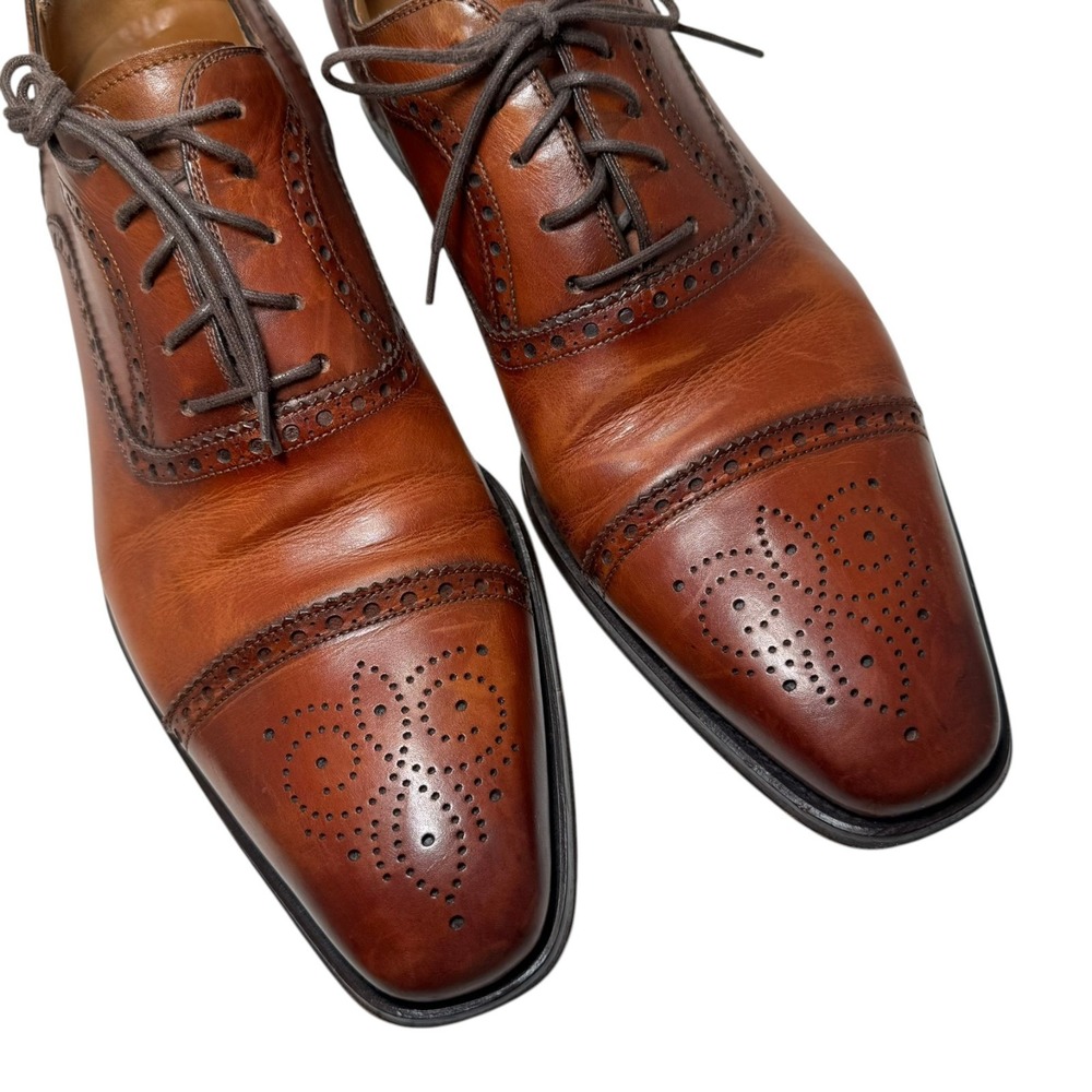 Magnanni Cognac Brogue Cap Toe Oxford Dress Shoes Medallion Men's 10.5 M